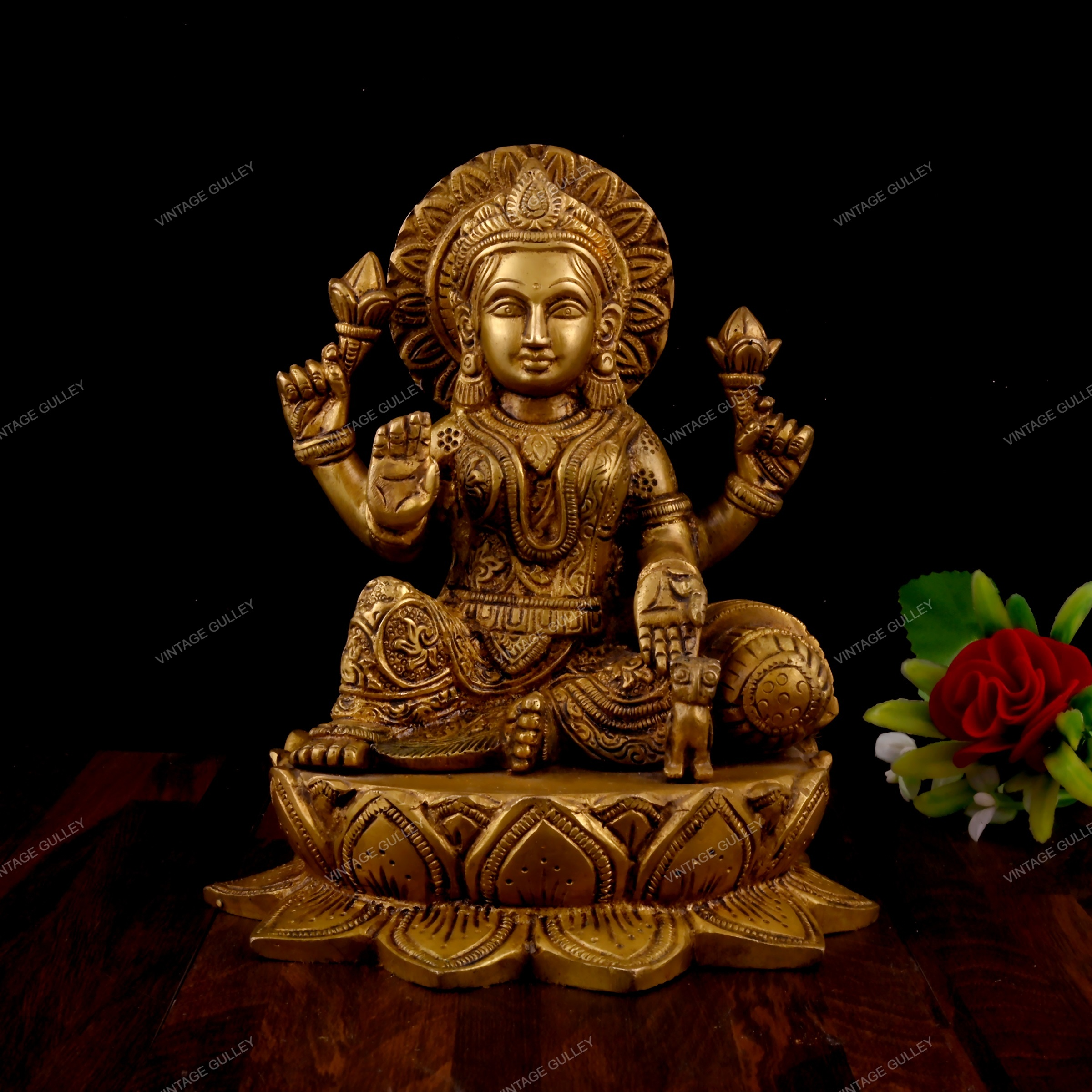 Brass Laxmi Sitting on a Lotus Flower – Vintage Gulley