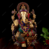 Brass Lord Ganesha Idol Sitting on A Lotus - Stonework