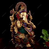 Brass Lord Ganesha Idol Sitting on A Lotus - Stonework
