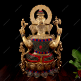 Brass Lord Ganesha Idol Sitting on A Lotus - Stonework
