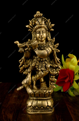 Brass Lord Krishna Idol Playing Flute Small