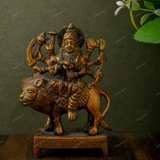 Brass Durga Idol Sitting on Lion Small - Antique