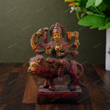 Brass Durga Idol Sitting on Lion Small - Red