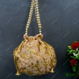 Women's Velvet Ethnic Rajasthani Potli Bag - Cream