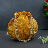 Women's Velvet Ethnic Rajasthani Potli Bag - Yellow