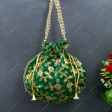 Women's Velvet Ethnic Rajasthani Potli Bag - Green
