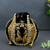 Women's Peacock Motif Potli - Black