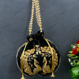 Women's Peacock Motif Potli - Black
