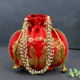 Women's Peacock Motif Potli - Red