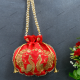 Women's Peacock Motif Potli - Red