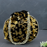 Women's Velvet Ethnic Rajasthani Potli Bag - Black