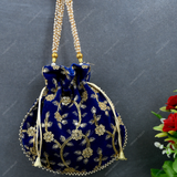 Women's Velvet Ethnic Rajasthani Potli Bag - Royal Blue