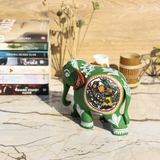 Wooden Hand-Painted Elephant with Warli Art Bird Motif - Green - 5 Inches - Vintage Gulley
