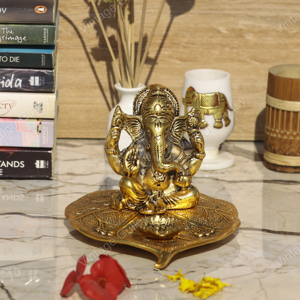 Golden Oxidized Antique Metal Patta Ganesha with Deepak
