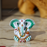 Enameled Metal Appu Ganesha Idol - 2 Inches - White & Green