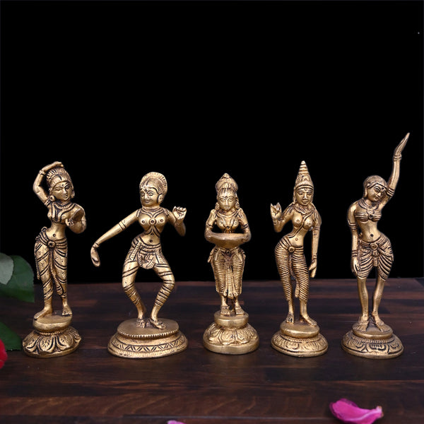 Brass Set of 5 Apsara Dancing Lady Statue Idol Showpieces Beautiful Dancing Ladies