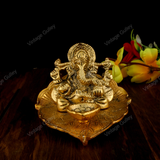 White Metal Golden Oxidized Peepal Patta Ganesha with Diya