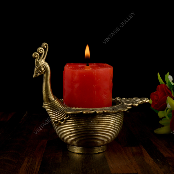 Brass Dhokra Candle Stand with Peacock Design