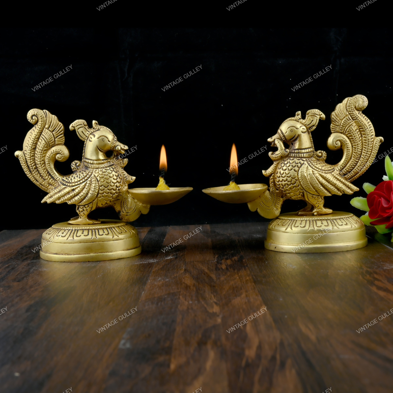 Brass Dancing Peacock Diya Small - Set of 2