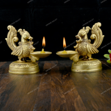 Brass Dancing Peacock Diya Small - Set of 2