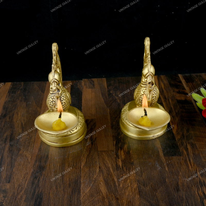 Brass Dancing Peacock Diya Small - Set of 2