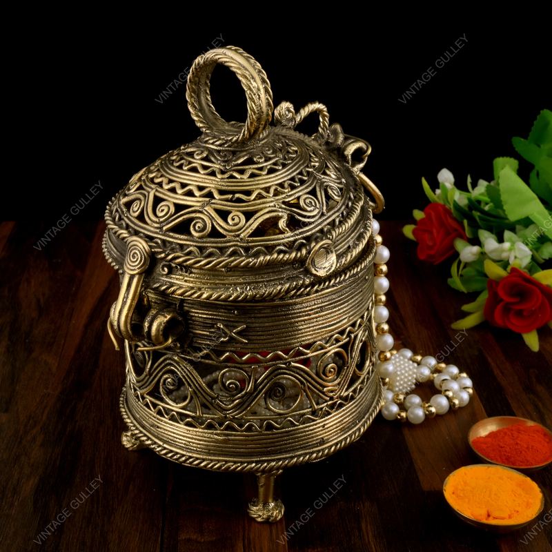 Brass Dhokra Paan-Shaped Decorative Box