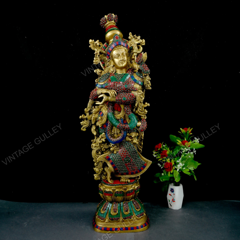 Brass Radha Idol with Stonework - 30 Inches