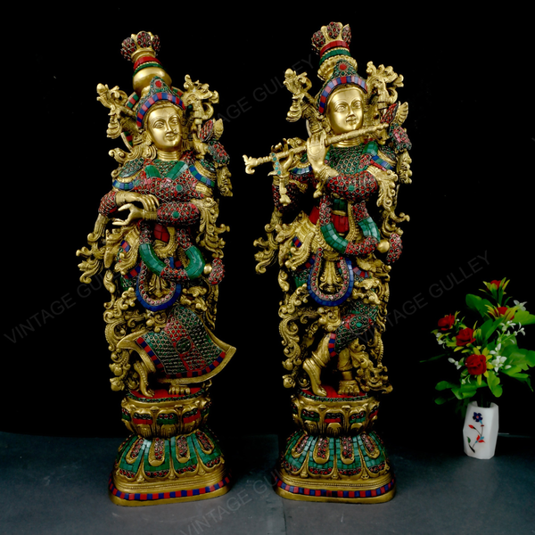 Brass Radha Krishna Idol with Stonework - 30 Inches