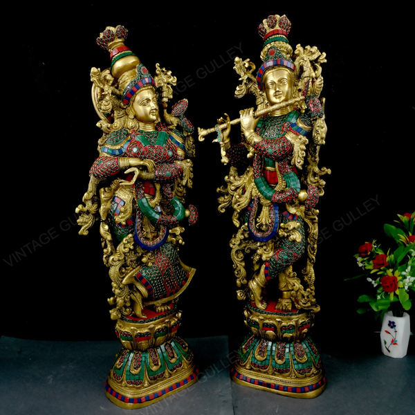 Brass Radha Krishna Idol with Stonework - 30 Inches