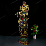 Brass Lord Krishna Idol Statue with Stonework - 30 Inches