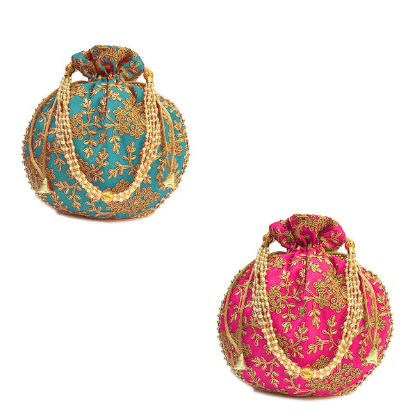 Women's Ethnic Rajasthani Potli Bag - Set of 2 - Pink and Light Blue - Vintage Gulley