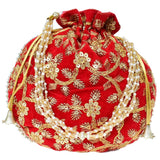 Women's Velvet Ethnic Rajasthani Potli Bag - Red - Vintage Gulley