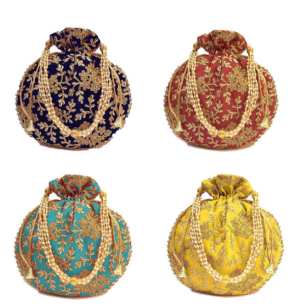 Women's Ethnic Rajasthani Potli Bag - Set of 4 - Maroon, Yellow, Navy Blue and Light Blue - Vintage Gulley