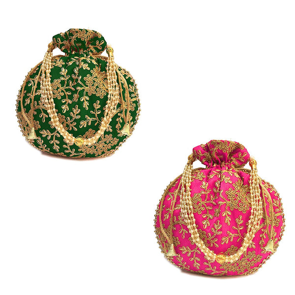 Women's Ethnic Rajasthani Potli Bag - Set of 2 - Pink and Green - Vintage Gulley
