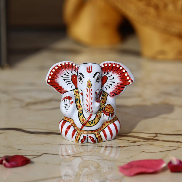 Enameled Metal Appu Ganesha Idol - 2.5 Inches - White & Red - Vintage Gulley