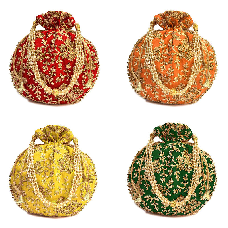 Women's Ethnic Rajasthani Potli Bag - Set of 4 - Red, Orange, Yellow and Green - Vintage Gulley