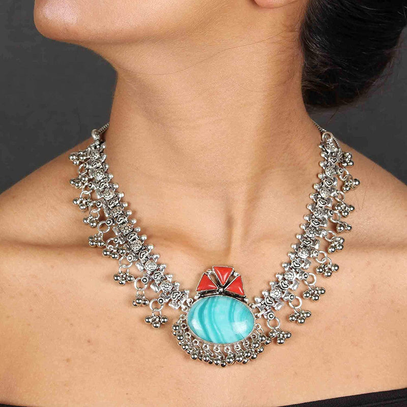 Heavy Look Oxidised Necklace With Semi-Precious Stone - Vintage Gulley