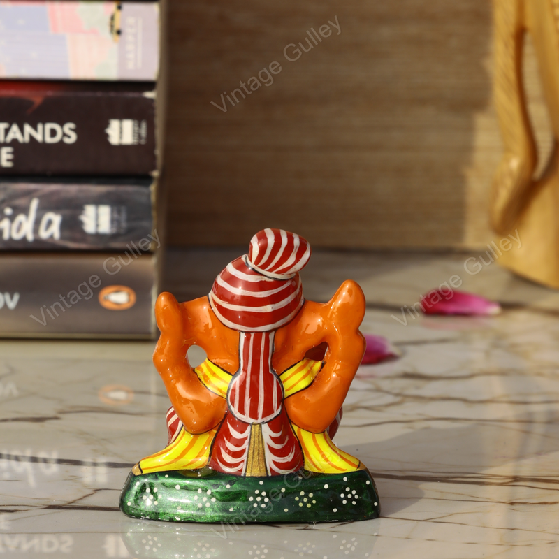 Enameled Metal Pagdi Ganesha Idol - 3 Inches - Orange-Red