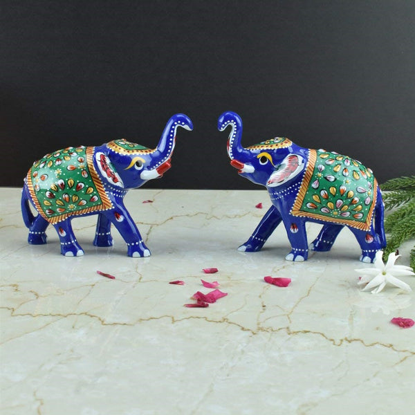 Meenakari Royal Blue Elephant - Green - Set of 2 - Vintage Gulley