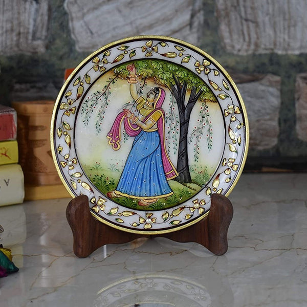Marble 22 Carat Gold Foil Work Round Shape Ragini with Tree - 6 Inches - Vintage Gulley