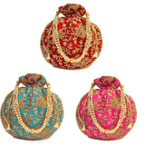 Women's Ethnic Rajasthani Potli Bag - Set of 3 - Pink, Red and Light Blue - Vintage Gulley
