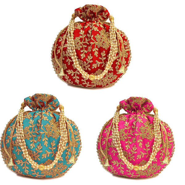 Women's Ethnic Rajasthani Potli Bag - Set of 3 - Pink, Red and Light Blue - Vintage Gulley