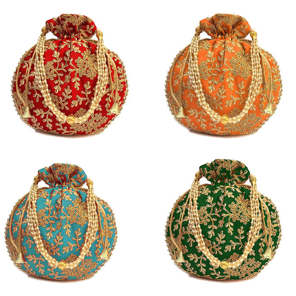 Women's Ethnic Rajasthani Potli Bag - Set of 4 - Red, Orange, Green and Light Blue - Vintage Gulley