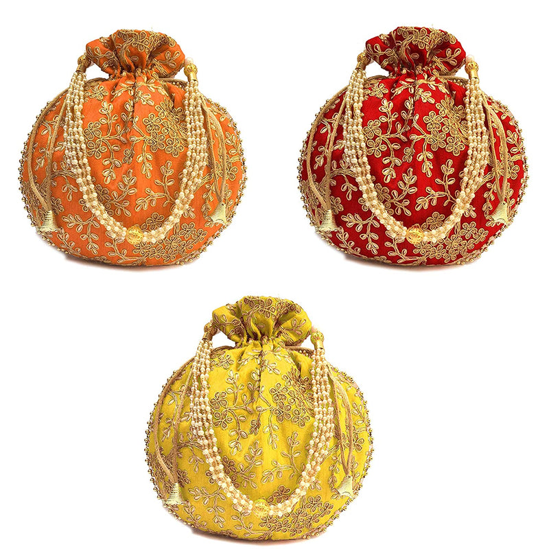 Women's Ethnic Rajasthani Potli Bag - Set of 3 - Red, Yellow and Orange - Vintage Gulley