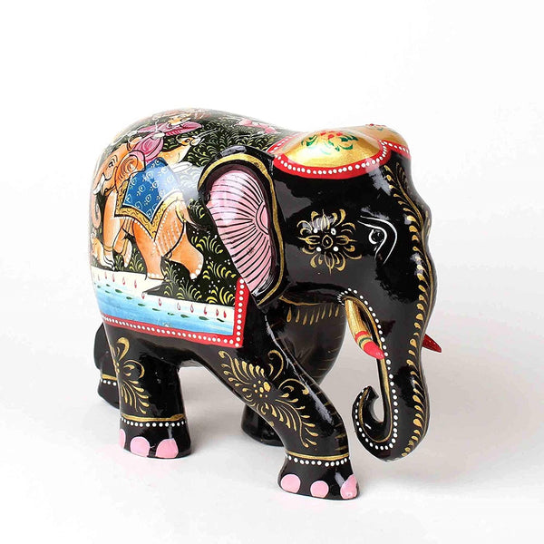 Wooden Elephant with Hand-Painted Hunting Scene - Vintage Gulley