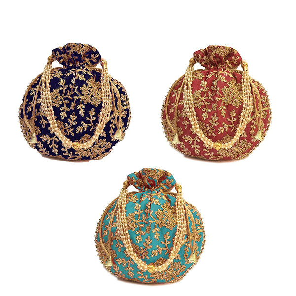 Women's Ethnic Rajasthani Potli Bag - Set of 3 - Maroon, Navy Blue and Light Blue - Vintage Gulley