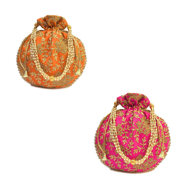 Women's Ethnic Rajasthani Potli Bag - Set of 2 - Pink and Orange - Vintage Gulley