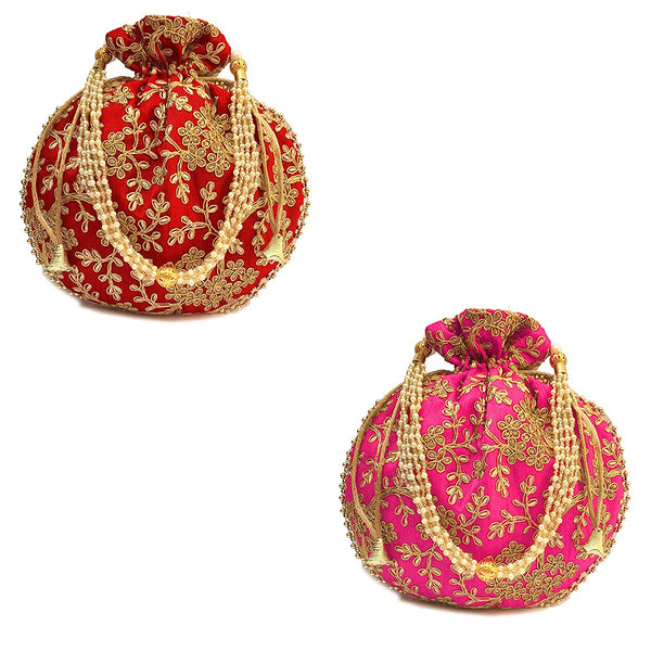 Women's Ethnic Rajasthani Potli Bag - Set of 2 - Pink and Red - Vintage Gulley