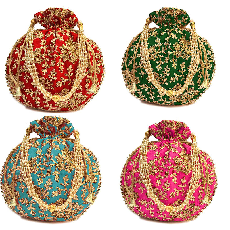 Women's Ethnic Rajasthani Potli Bag - Set of 4 - Red, Green, Pink and Light Blue - Vintage Gulley