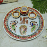 Marble Pooja Thali with Diya and Chopra for Tilak - 9 Inches - Vintage Gulley